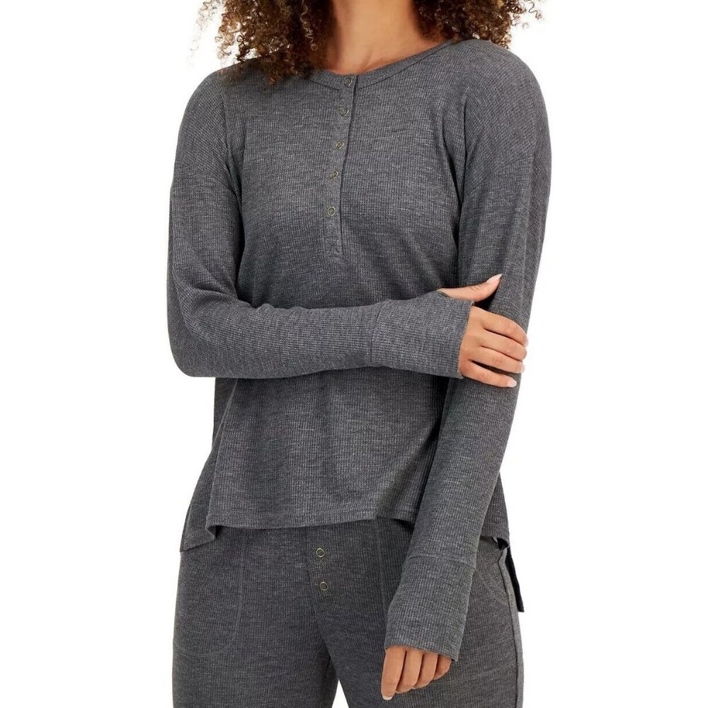 Jenni Women's Waffle-Knit Long Sleeve Henley Lounge Pajama Top, Pewter Gray